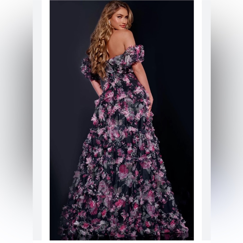 JOVANI 40331 | Off the Shoulder Floral Navy Gown | Ruffles | Women’s 6 - Picture 4 of 11